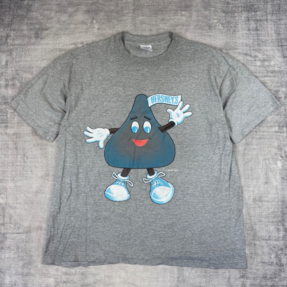 Hersheys Chocolate Shirt Mens 2XL Grey 2001 Kisses Graphic Vintage Y2K Cartoon